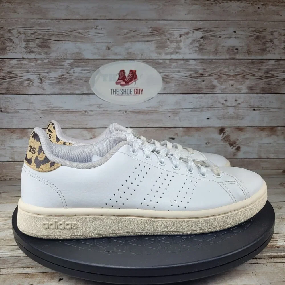 Adidas Advantage Women's Size 6.5 White Athletic Leopard Print Shoes